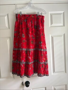 J Jill Red Floral Tiered Midi Skirt